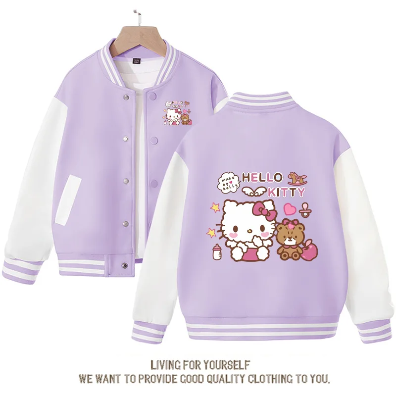 

Кавайная детская бейсбольная форма Sanrio, куртка с мультяшным Hello Kitty, повседневные топы для девочек на весну и осень, кардиган, верхняя одежда, подарок для студентов