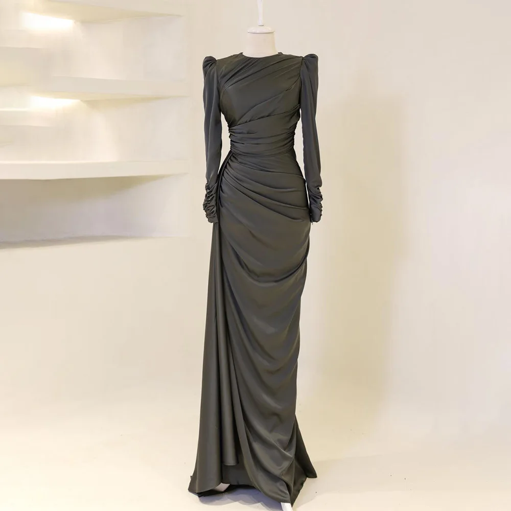 

Modest Wedding Guest Dresses for Women O Neck Mermaid Formal Party Dress Black Pleats Draped Chiffon Satin Evening Dress Long