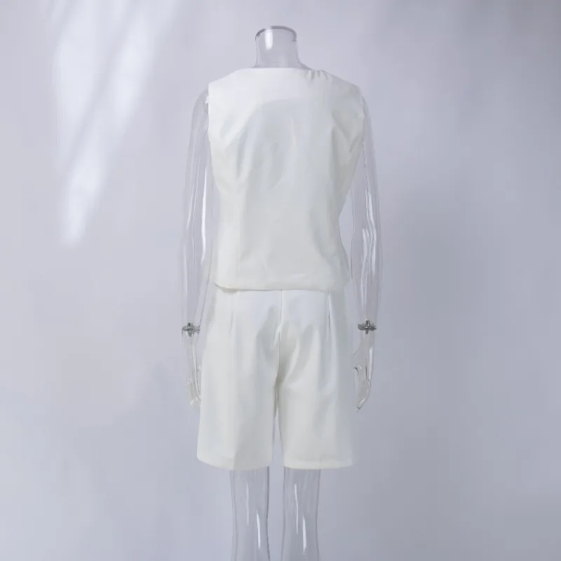 V-Neck Sleeveless Female 2 Piece-Set Casual Slim Straight Trousers Pocket Solid High Street Outfits Fashion Shorts Sets