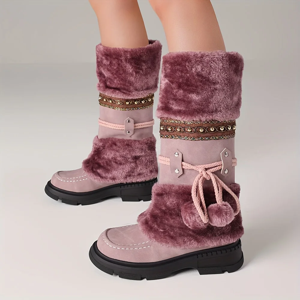 Women's Winter Furry Knee High Snow Pull On Casual Boots 4