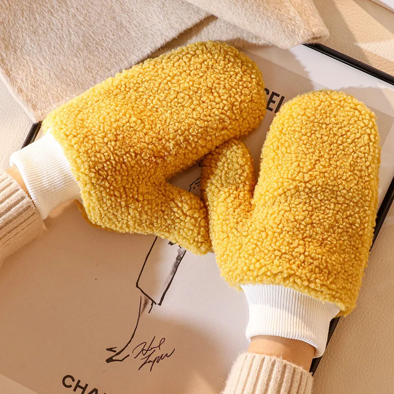 

Cute Cartoon Plus Velvet Thick Knit Hanging Neck Outdoor Cycling Full Finger Plush Gloves Korean Women's Winter Warm Mittens S35