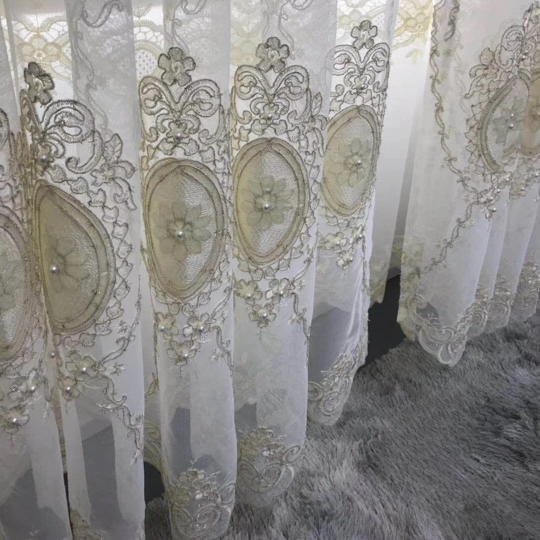 

European Pearl Lace Embroidery Luxury White Tulle Curtains for Living Room Bedroom Flowers Gauze Sheer Dining Blackout Window