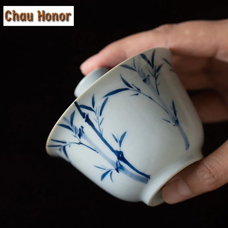 125ml Boutique Pure Hand-painted Green Bamboo Art Tea Tureen Small Hand Grasping Bowl With Cover Kung Fu Tea Maker Zen Gaiwan