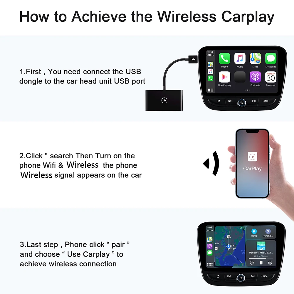 Adaptador inalámbrico CarPlay 2023 Actualización inalámbrica CarPlay Dongle  Convertir Apple Car Play con cable a inalámbrico, Plug & Play, conexión