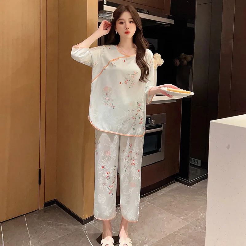 Ice Silk Sleepwear Women Summer Print Floral Pajamas Sets Vintage Nightwear Spring Autumn Homewear Sets Pijama Mujer Korean