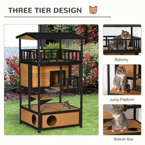 High-quality Wooden Outdoor Cat House, Wild Cat Shelter, Asphalt Roof Kitten Tree With Escape Door, Suitable For Apartments.