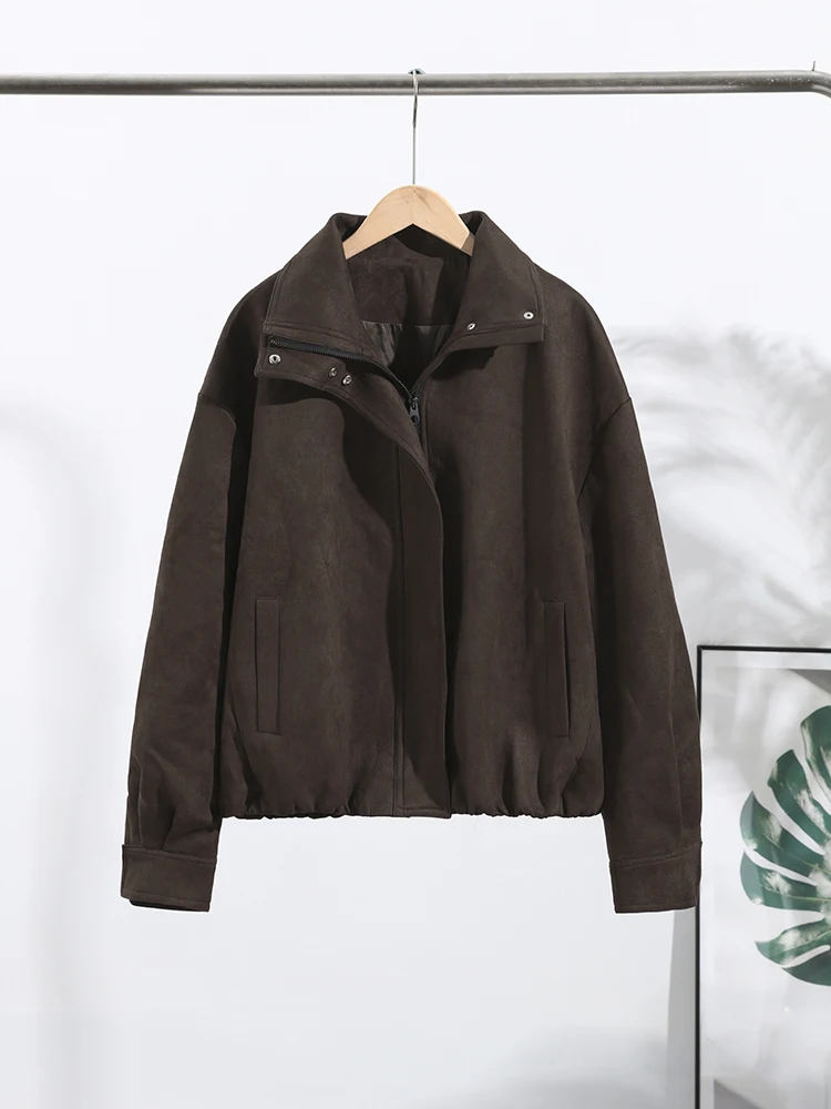 Vintage Solid Laple Loose Jackets Women Fashion Full Sleeve Ruff Zipper Pockets Oversize Coat Female Autumn Chic Casual Coats