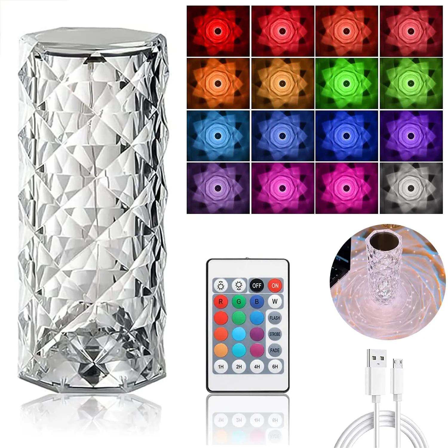 

Crystal Diamond Table Lamp, 16 Colors USB Charging Touch Lamp Bedside Night Light with Remote Control, Acrylic Rose Rays Lights