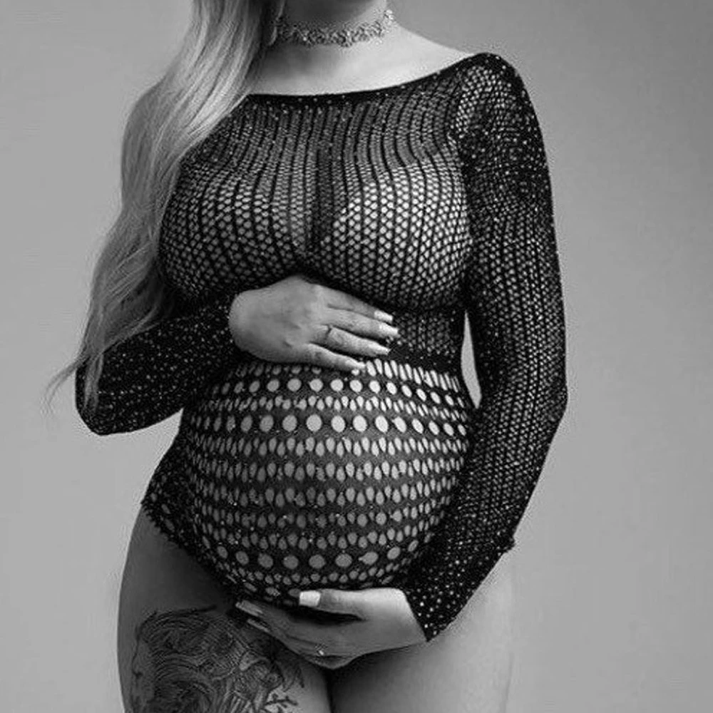 

Shine Sexy Lace Dresses Maternity Photography Props Black Grid Gown Pregnant Women Clothes Pregnancy Photo Shoot Studio Accessor