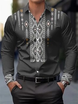 Fashionable and hot selling men's long-sleeved shirt ethnic style retro print style handsome and elegant men's lapel top