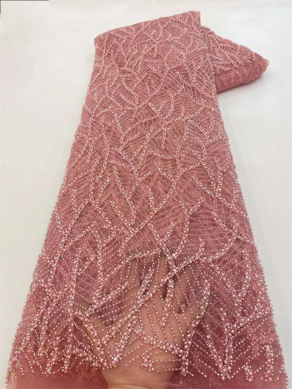 

Nigerian French Sequins Lace Fabric Hot Sale Handmade 2023 Embroidered African Beaded Net Mesh Lace Fabric For Women Dress