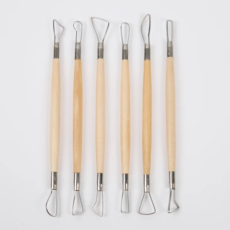 6 flat wire knife Stainless steel double-ended clay carving knife with steel wire wooden handle Clay clay repair tool scraper