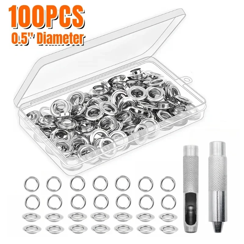 Description Picture 2 of item103Sets Grommet Tool Kit Grommet Setting Tool 100 Sets Grommets Eyelets (1/2 Inch Diameter) Eyelets And Eyelet Punch Die Tool