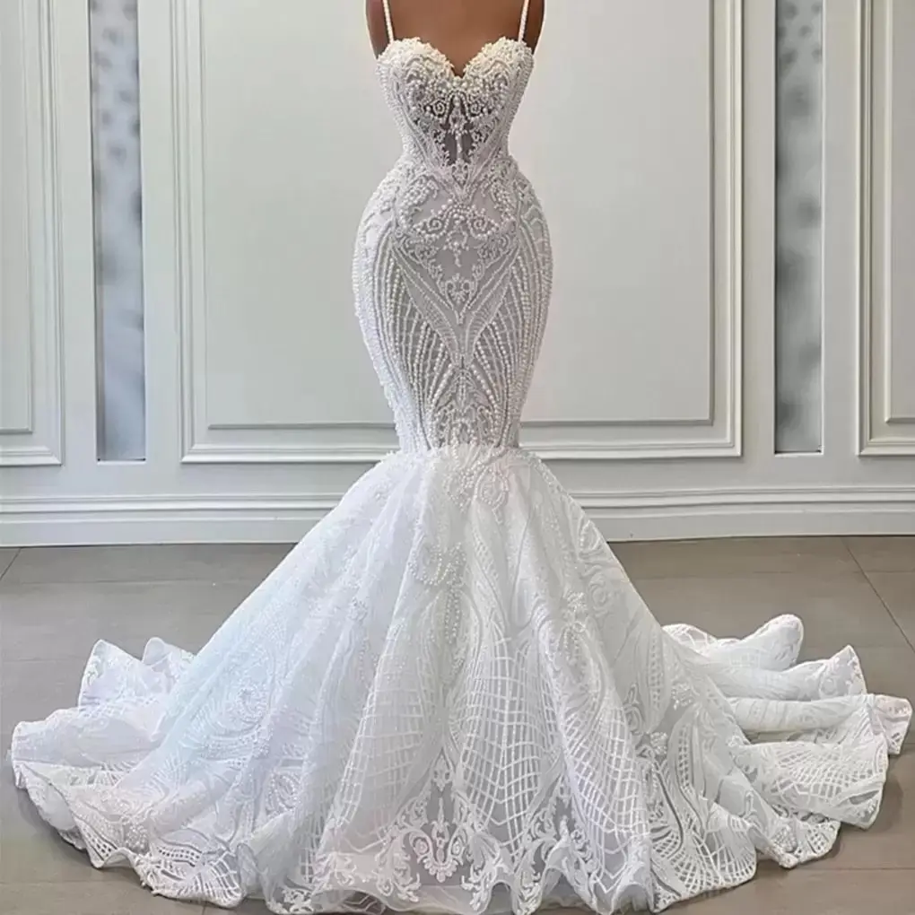 

Spaghetti Strap Shinny Pearls Mermaid Wedding Dress Robe De Mariée African Corset Back Illusion Long Sleeves Bridal Gowns