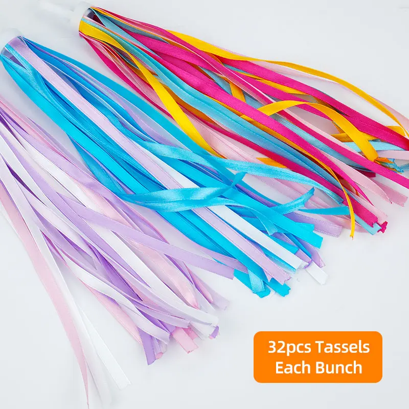 2pcs 32 Ribbons Each Side Kids Bicycle Balance Scooter Handlebar Plug Mount Streamers Boys Girls Baby Bike Decoration Tassels