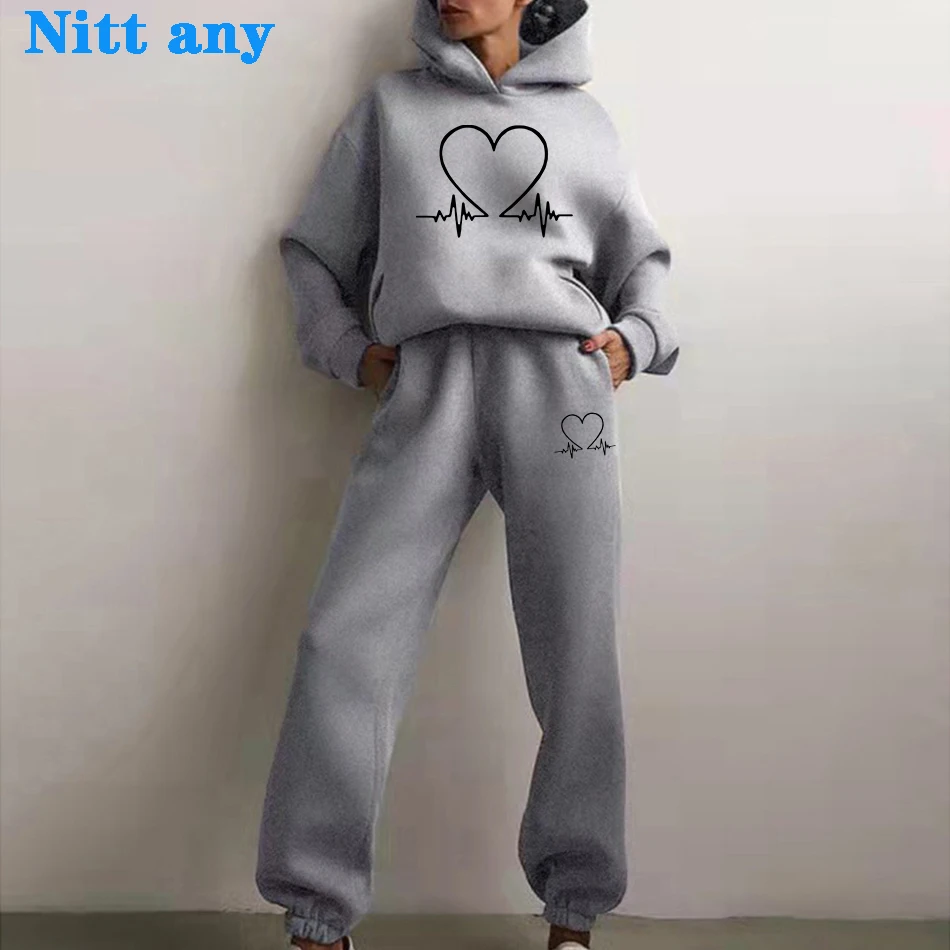 

New Ins Style Winter Two-Piece Women's Sportswear Suit Loose Sports Solid Color Printed Pullover Suit Hooded Sweater Suit