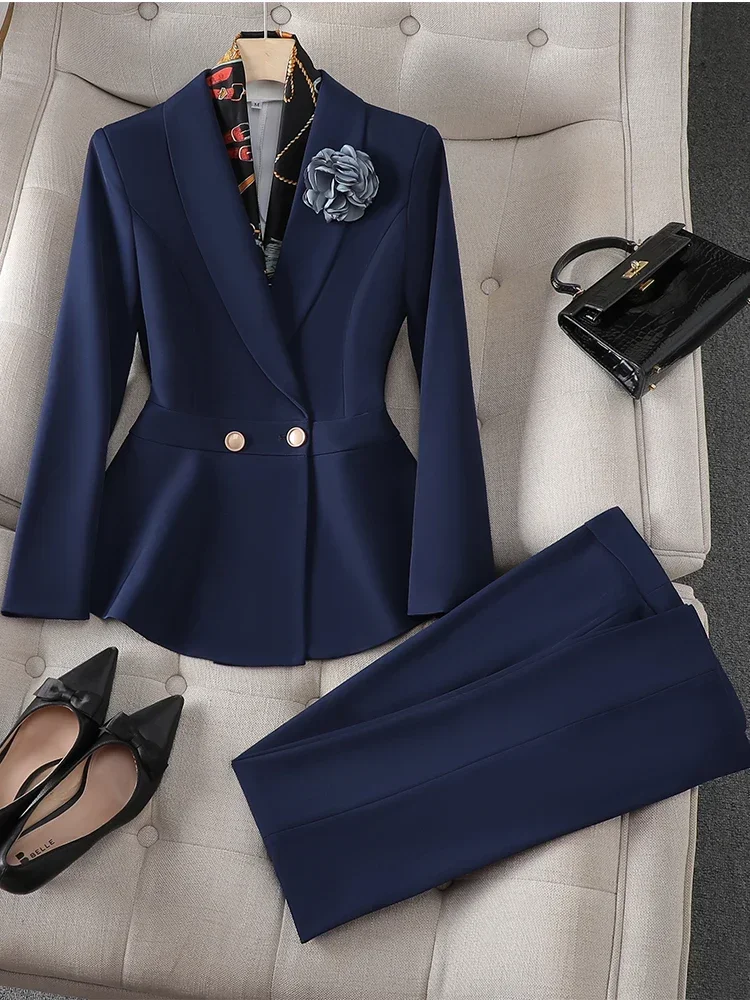 

Blue White Elegant Ladies Pant Suit Autumn New Female Work Wear Formal 2 Piece Set Women Slim Ruffle Jacket Blazer And Trousers