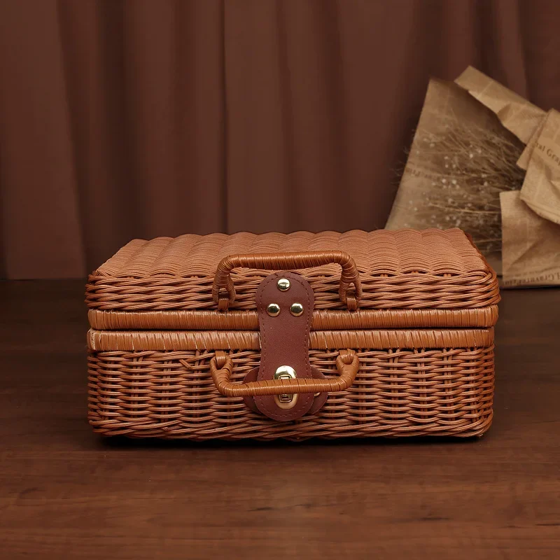 Retro Rattan Storage Suitcase Handmade Wicker Picnic Basket Travel Camping Food Container Straw Women Tote Luggage Organizer 6