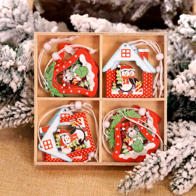 Christmas Decorations 12/9Pcs Christmas Wooden Pendant Snowflake Xmas Tree Hanging Ornaments
