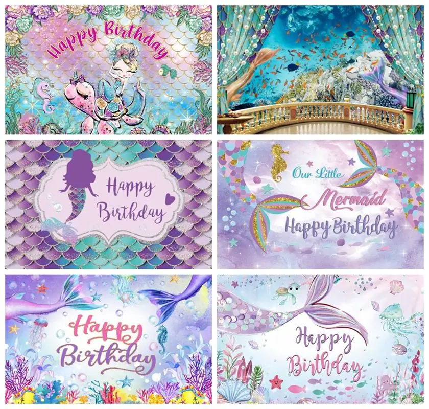 

Laeacco Purple Mermaid Under The Sea Baby Shower Backdrop Starfish Shell Seaweed Girls Birthday Portrait Photography Background