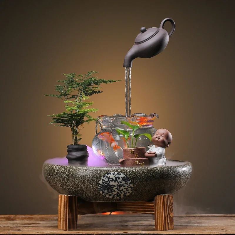 

Circulation Water Fountain Lucky Fengshui Wheel Home Chinese Style Suspended Fish Tank Ceramic Office Opening Gift Decoration