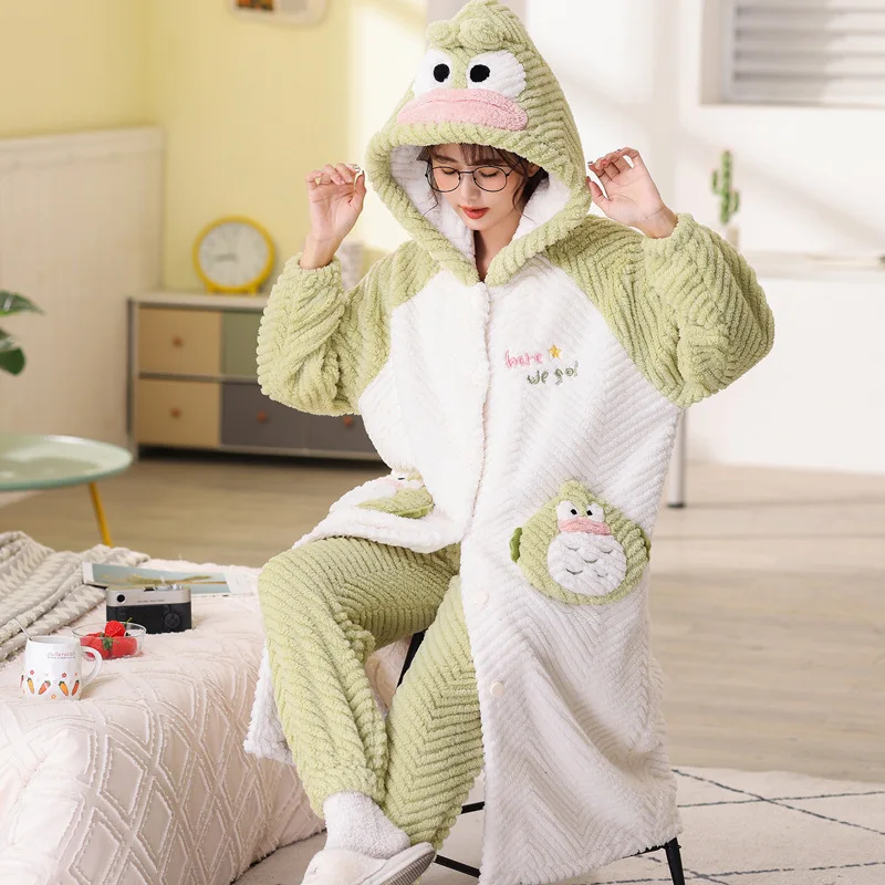 Winter Flannel Pajamas Sets For Women Cartoon Sweet Pyjamas Animal Cosplay Hooded Nightgown Suit Thicken Warm Sleepwear Homewear