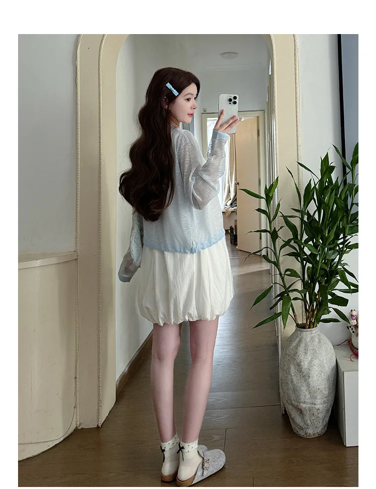 임산부 여름복 2026 스윗 큐트 버드 드레스 & 시스루 긴팔 자외선 차단 가디건 투피스 세트