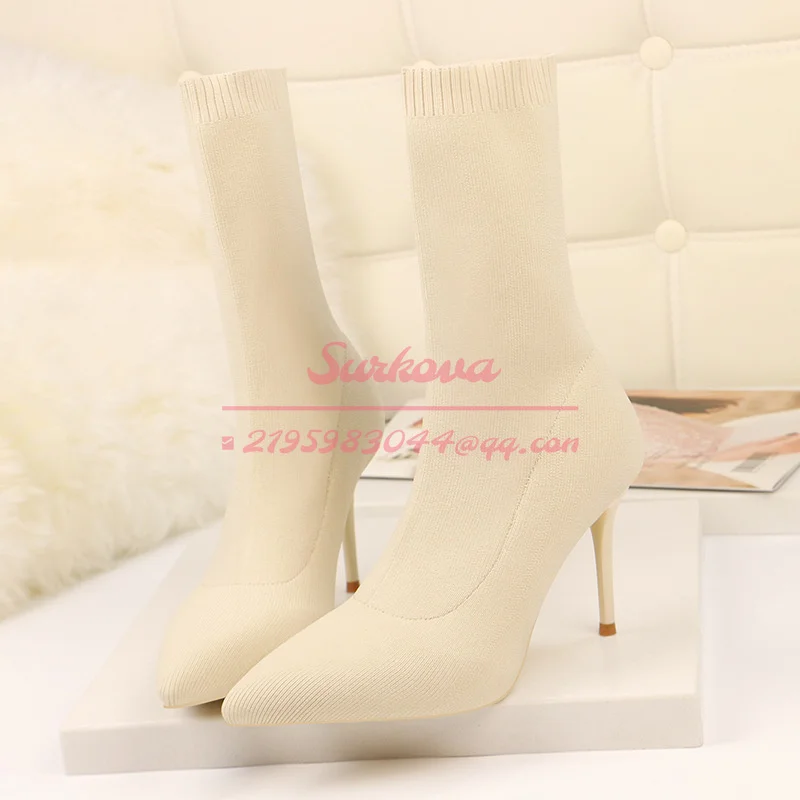 Europe America Autumn Winter Socks Knitted Elastic Cloth Women's Boots Thin Heel Women's High Heel Single Shoes Pointed Boots