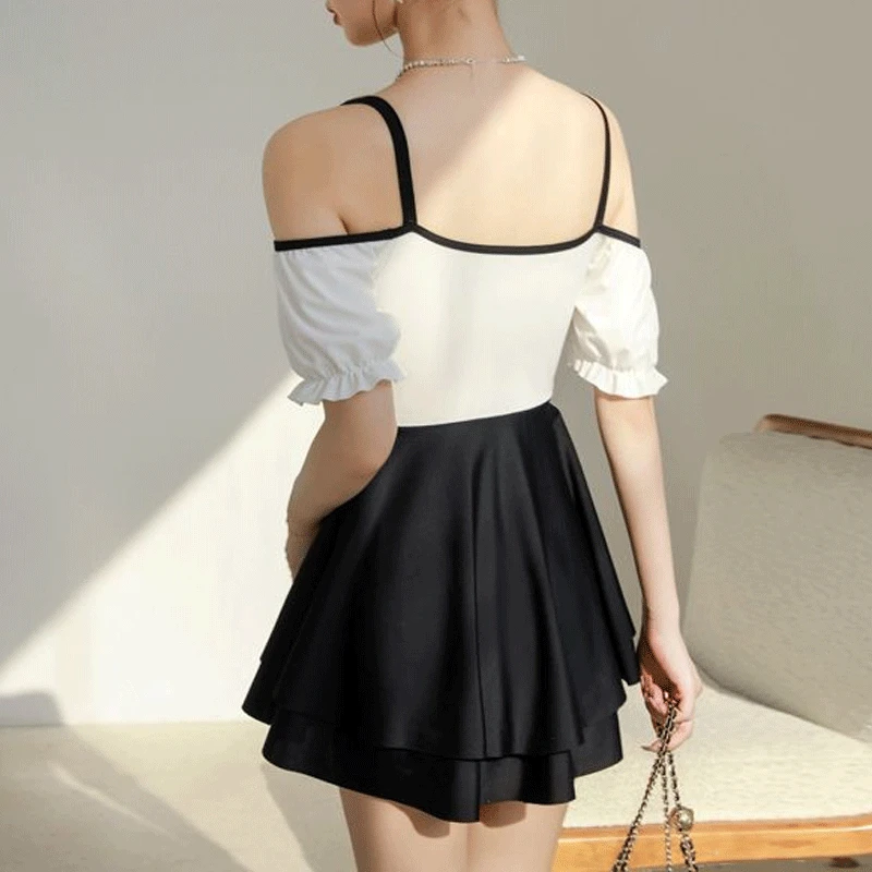 Women\'s Clothing Slimming Contrasting Colors Korean Version Short Sleeve Off Shoulder Spliced Bow Conservative Vacation Swimsuit