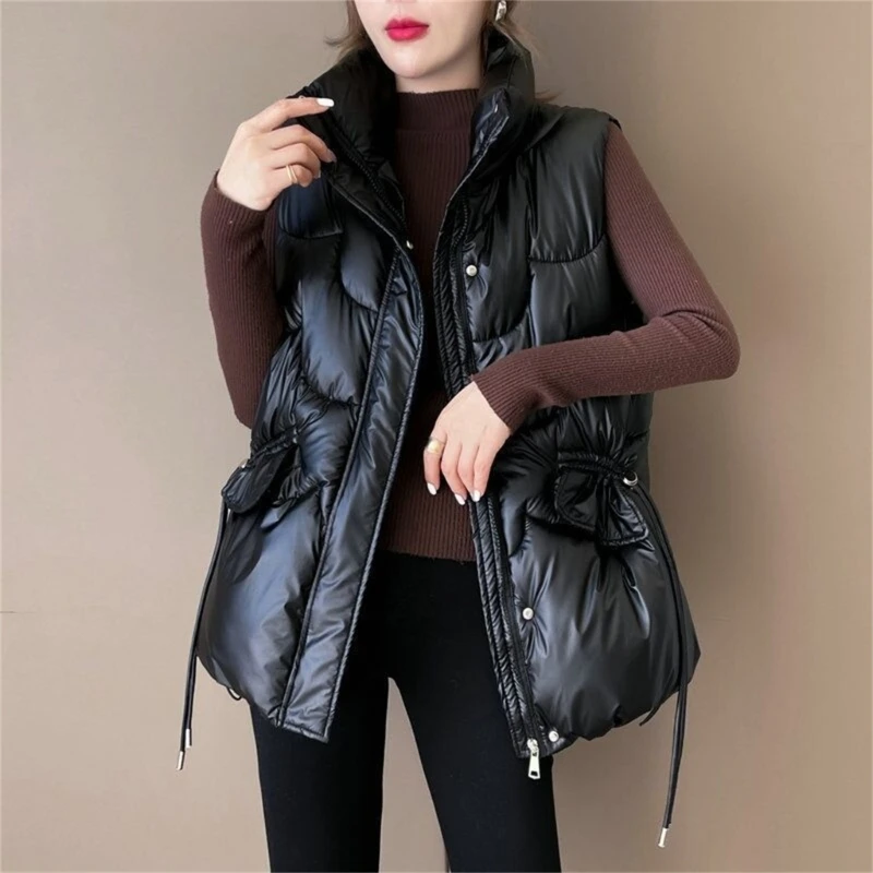 

Women's Winter Warm Vest Shiny Stand Collar Puffer Vest Female Sleeveless Jacket-Loose Full Zip Padded Gilet Outerwear