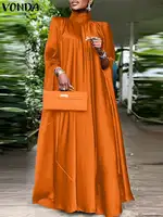 Plus Size 5XL VONDA Women Stand Collar Elegant Party Satin Dress Long Bat Sleeve Evening Pleated Maxi Sundress Casual Solid Robe