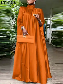 Plus Size 5XL VONDA Women Stand Collar Elegant Party Satin Dress Long Bat Sleeve Evening Pleated Maxi Sundress Casual Solid Robe