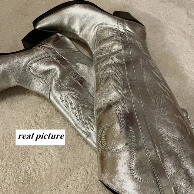 Cowboy Cowgirl Western Boots Metallic Silver Stacked Heeled Mid Calf Long Boots Shoes Casual Embroidered Autumn Winter Shoes 3