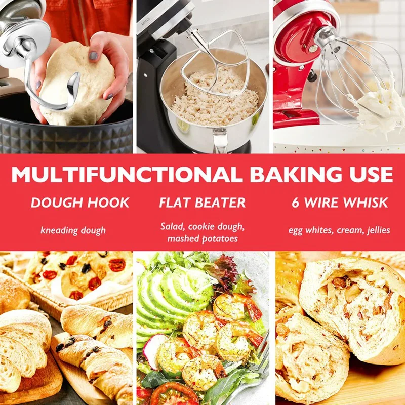 Stainless Steel Accessories for Kitchenaid 4.5-5 Qt Tilt Head Stand Mixer Includes 6 Wire Whisk Flat Beater Dough Hook rotary whisk