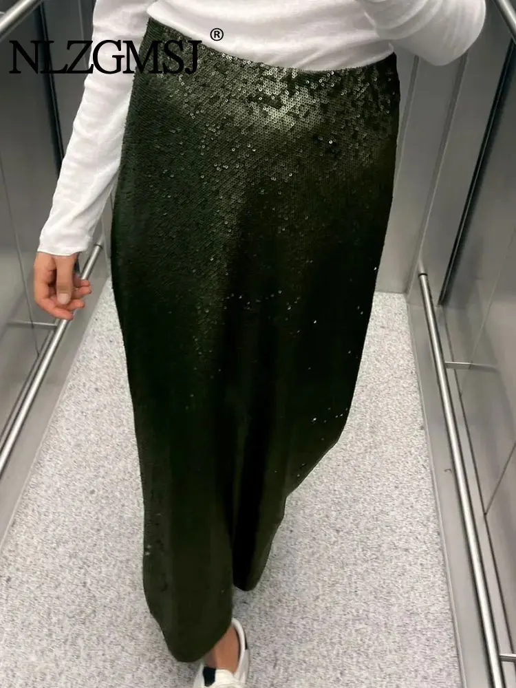 

Nlzgmsj TRAF Sequin Midi Skirts for Women 2024 Green Skirt Women Office Long Skirt Woman Autumn Women's Party Skirts