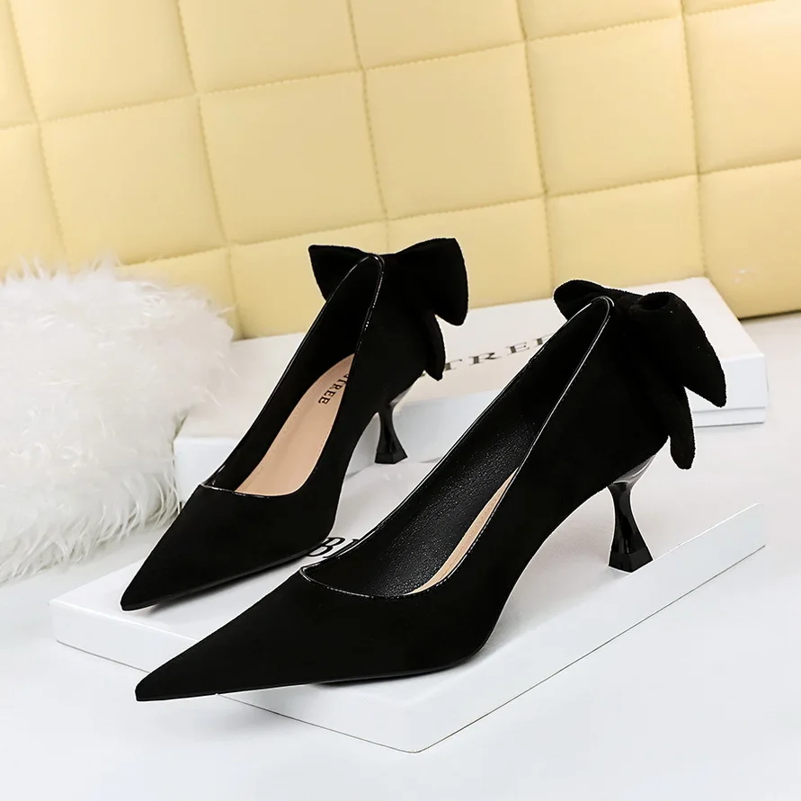 thumbnail image 1 of Nuevos zapatos de tacón dulce para mujer, zapatos de boda finos para mujer, tacón alto de gamuza, boca baja, puntiagudos, lazo de colores, bombas individuales, 1 of 5