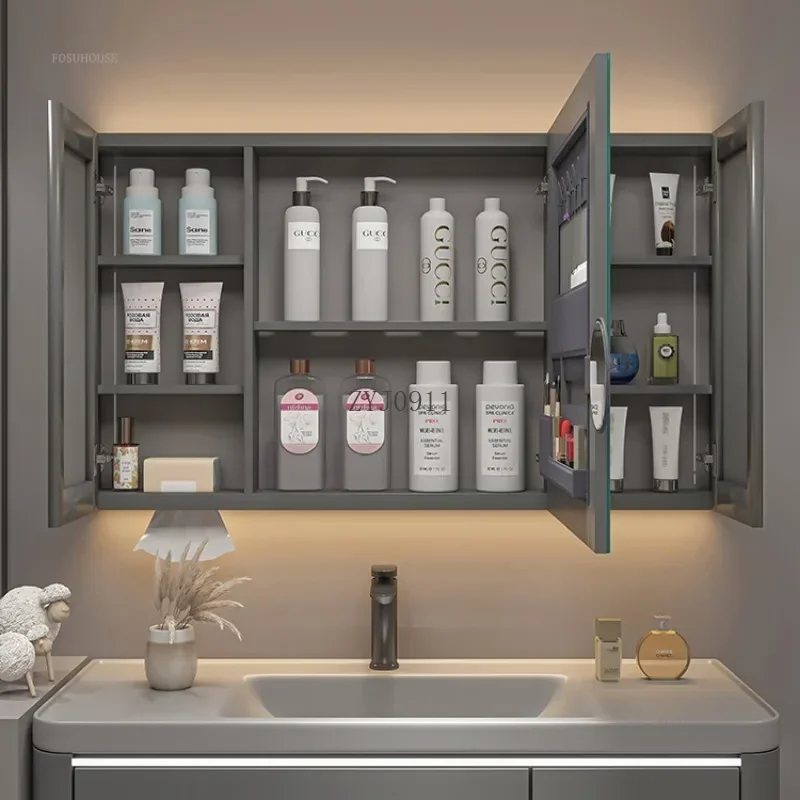 Modern Solid Wood Bathroom Smart Mirror Cabinet with Light Defogging Bathroom Furniture Beauty Mirror with Storage Locker