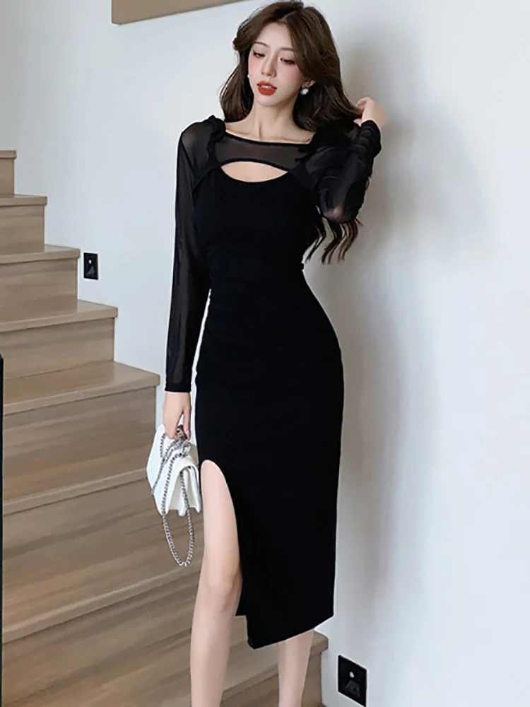 

Female Fashion Elegant Luxury Party Dress Autumn Black Chic Two Piece Dress Sets 2023 Korean Vintage Hollow Out Sexy Dress Suits