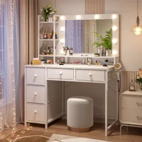 Vanity Desk with LED Lighted Mirror & Charging Staion 5 Fabric Drawers Makeup Vanity Table for Bedroom Dorm 2