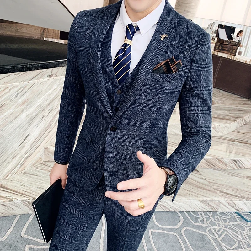 Mens Suit British Korean Modified Plaid Three-piece Suit