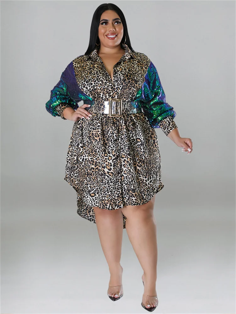 Wmstar Plus Size Party Dresses Women Sequins Sleeve Leopard Patchwork Elegant Midi Shirt Dress Wholesale DropShipping with Belt