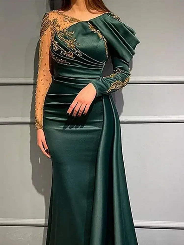Elegant Jade Green Evening Dresses Arabic Dubai Gold Lace