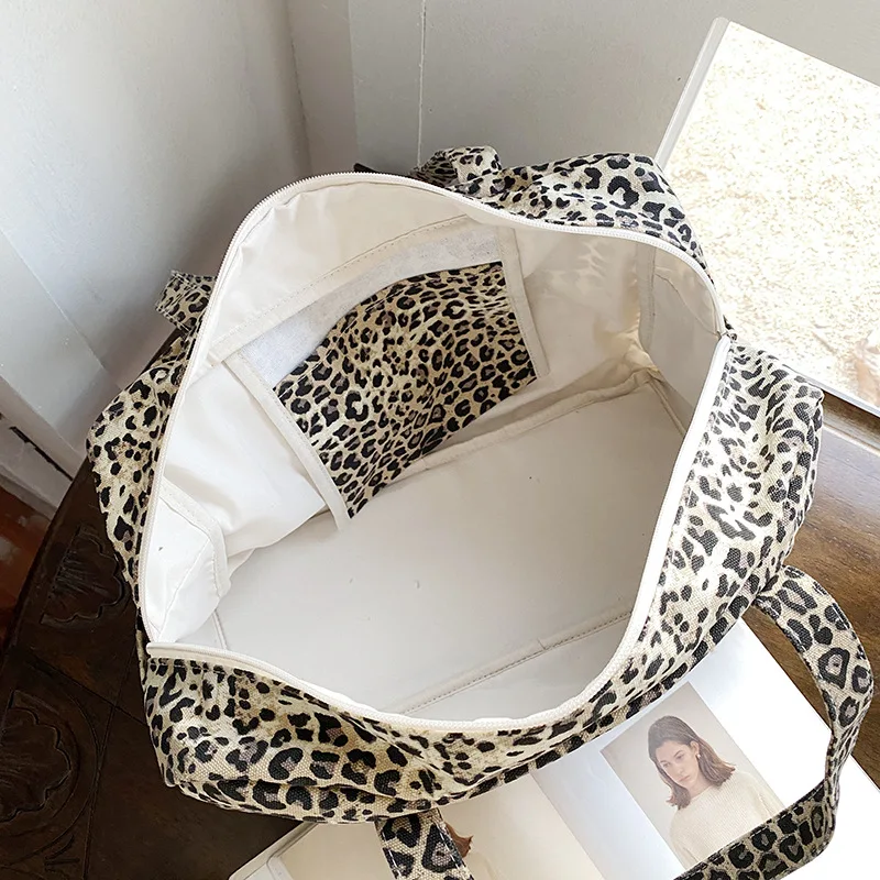 A 틈새 레오파드 무늬 캔버스 핸드백, 하이 엔드 레오파드 무늬 통근 숄더백, 크로스 보더, 대용량 비즈니스 여행 가방