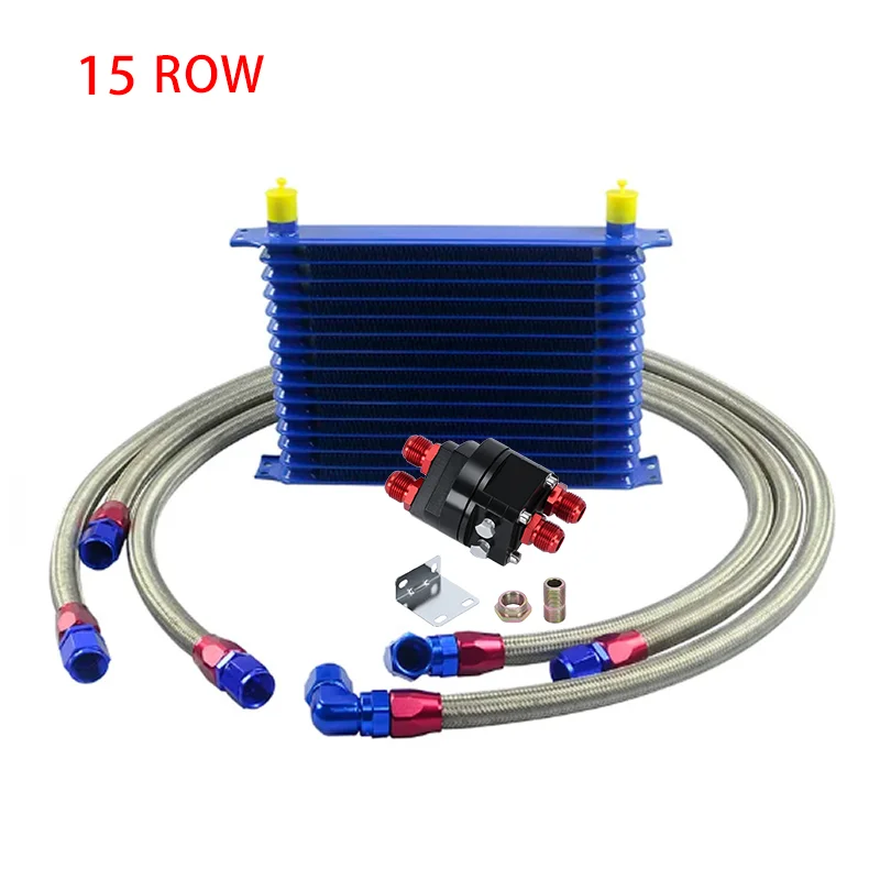 

Universal 13/15 ROW Oil Cooler Kit + Oil Filter Relocation Male Fitting Adapter + AN10 Stainless Braided Hose BLUE