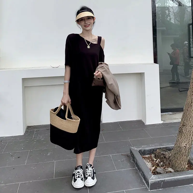 

Casual Loose Fitting Middle-aged and Elderly Women's Pullover Basic T-shirt Dress Fashionable and Minimalist Home Dress L436