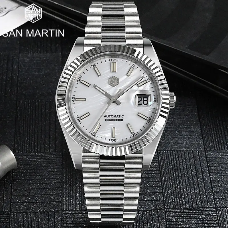

San Martin Top Men Watch Vintage MOP Dial Retro Business Luxury Sapphire PT5000 Automatic Mechanical Carving Fluted Bezel 10Bar