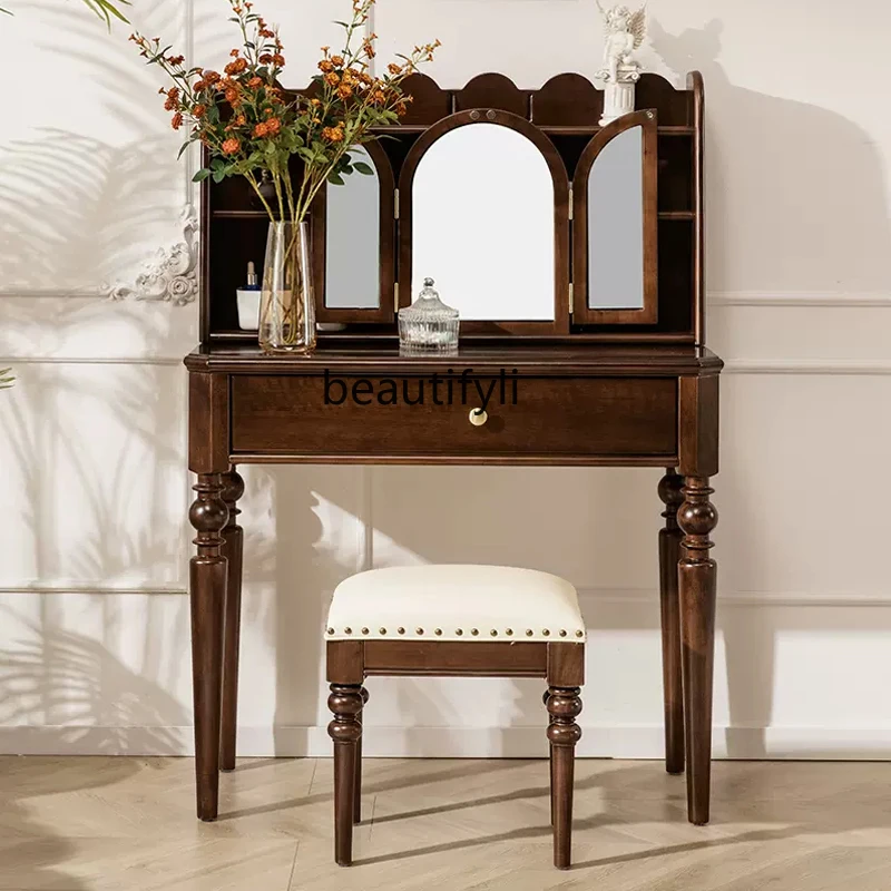 

American-Style Solid Wood Dressing Table Mirror Bedroom Bedside Makeup Table Desk French Retro