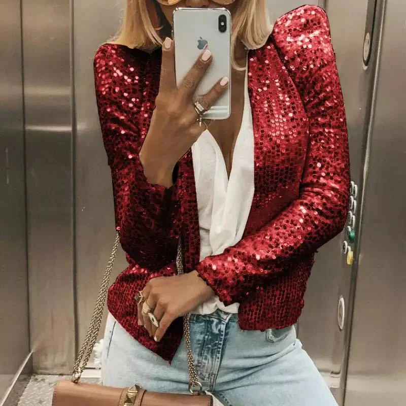 

Women's Tassel Sequin Jacket 2022 Autumn Spring Streewear Rock Retro Long-sleeved Silver Reflective Jacket Women Outwear Tops