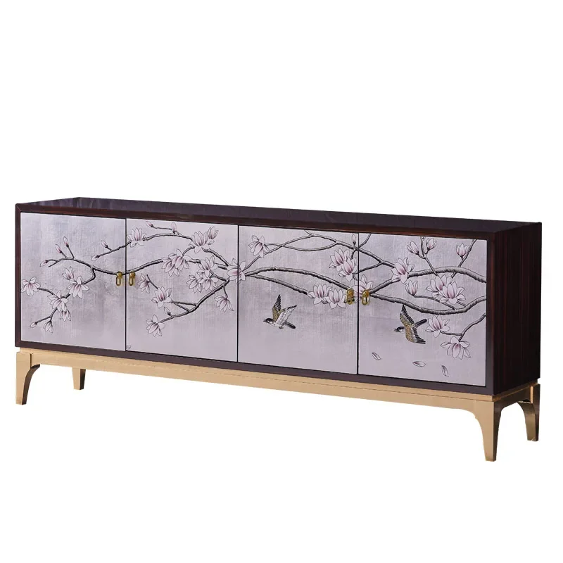 

New Chinese lacquered coffee table, simple modern silver foil painted light luxury furniture combination base cabinet