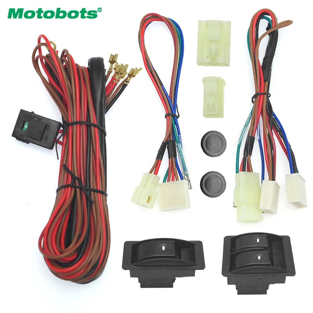 

MOTOBOTS Universal Car Front 2-Door Power Window 3pcs Switches & Holder Wire Harness With Illumination Green Light 12V/24V #2843